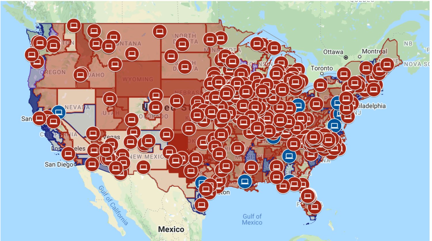 This map shows the proliferation of politically motivated news sites as of July 13, 2020. Those that are red are right of center; blue designates left of center. (Photo credit: Nieman Labs)